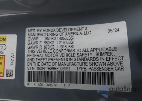 2024 Honda Civic Sport Touring z USA, uszkodzony, nr VIN 19XFL1H89RE026991